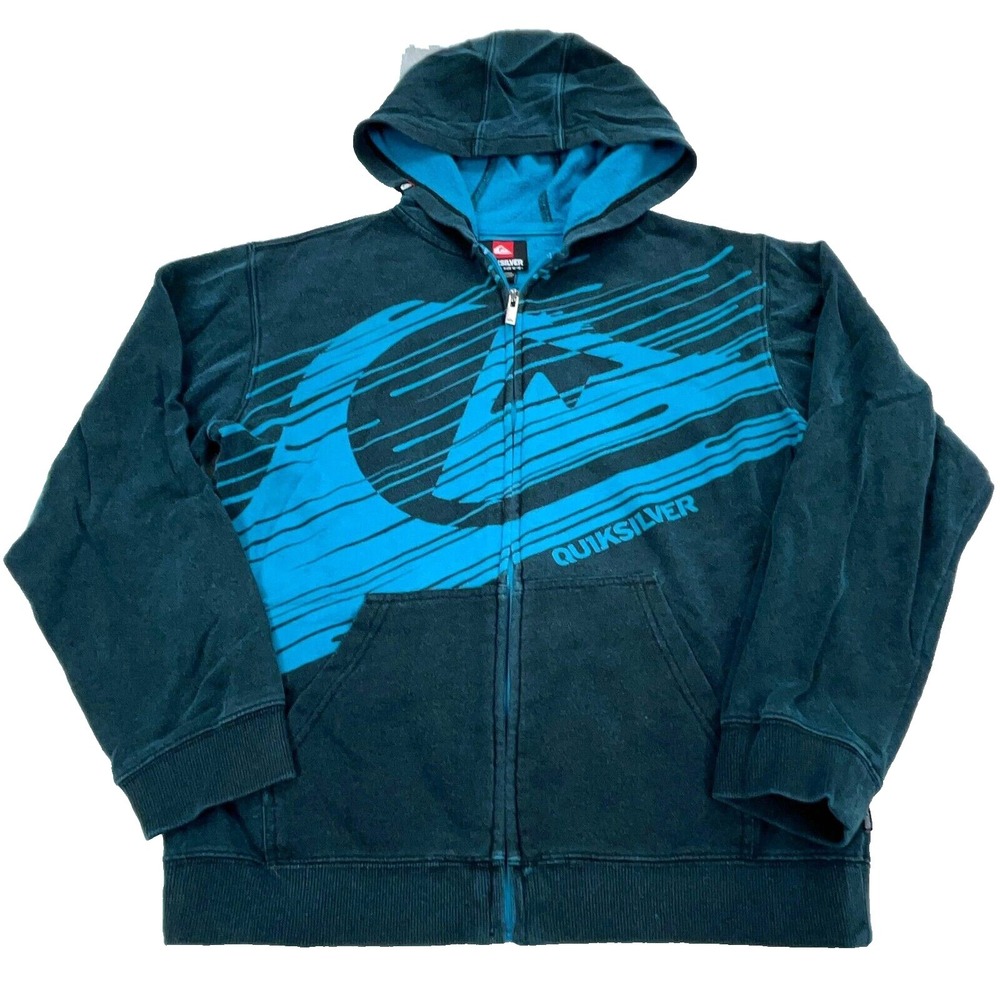 Vintage Quiksilver Hoodie Boys Large Blue Sweatshirt Jacket Youth Y2K Skate‎ Aop